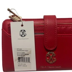Christian Lacroix Red Pebble Leather Snap Wallet with Logo Emblem